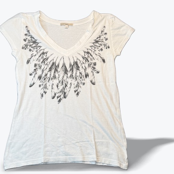 Haute Hippie Tops - Haute Hippie Nude V-Neck Tee White Feather Graphic XS Peru Cotton Luxury T Shirt
